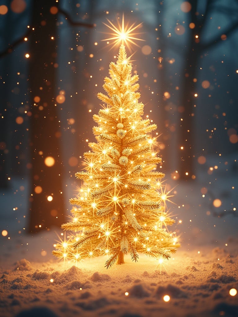 A Christmas tree stands tall and radiant. The tree is covered in glowing lights. Snow blankets the ground. Soft winter evening light creates a serene atmosphere. Sparkles dance in the air around the tree.