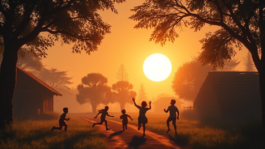 Children joyfully playing in a rural setting as the sun sets in the background.