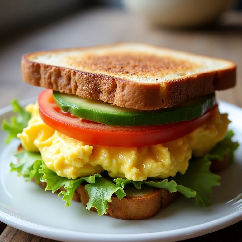 Toast sandwich with scrambled eggs, lettuce, tomato, green pepper, and mayonnaise. Fresh and colorful ingredients arranged neatly.