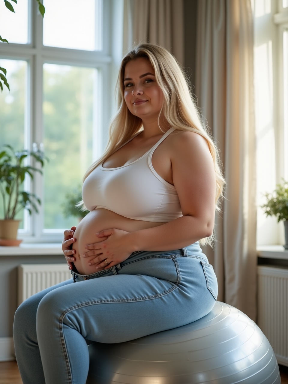 A young overweight woman is sitting on a large, soft, transparent silver yoga ball in a bright, sunny Danish living room. She is wearing tight light blue jeans and a white tank top that accentuates her figure. The room is filled with natural light from large windows, and there are plants in the background. Her long blond hair falls gracefully around her shoulders. She gently cradles her pregnant belly with both hands, radiating a sense of peace and happiness. The scene captures the beauty of motherhood in a relaxed and inviting home setting.