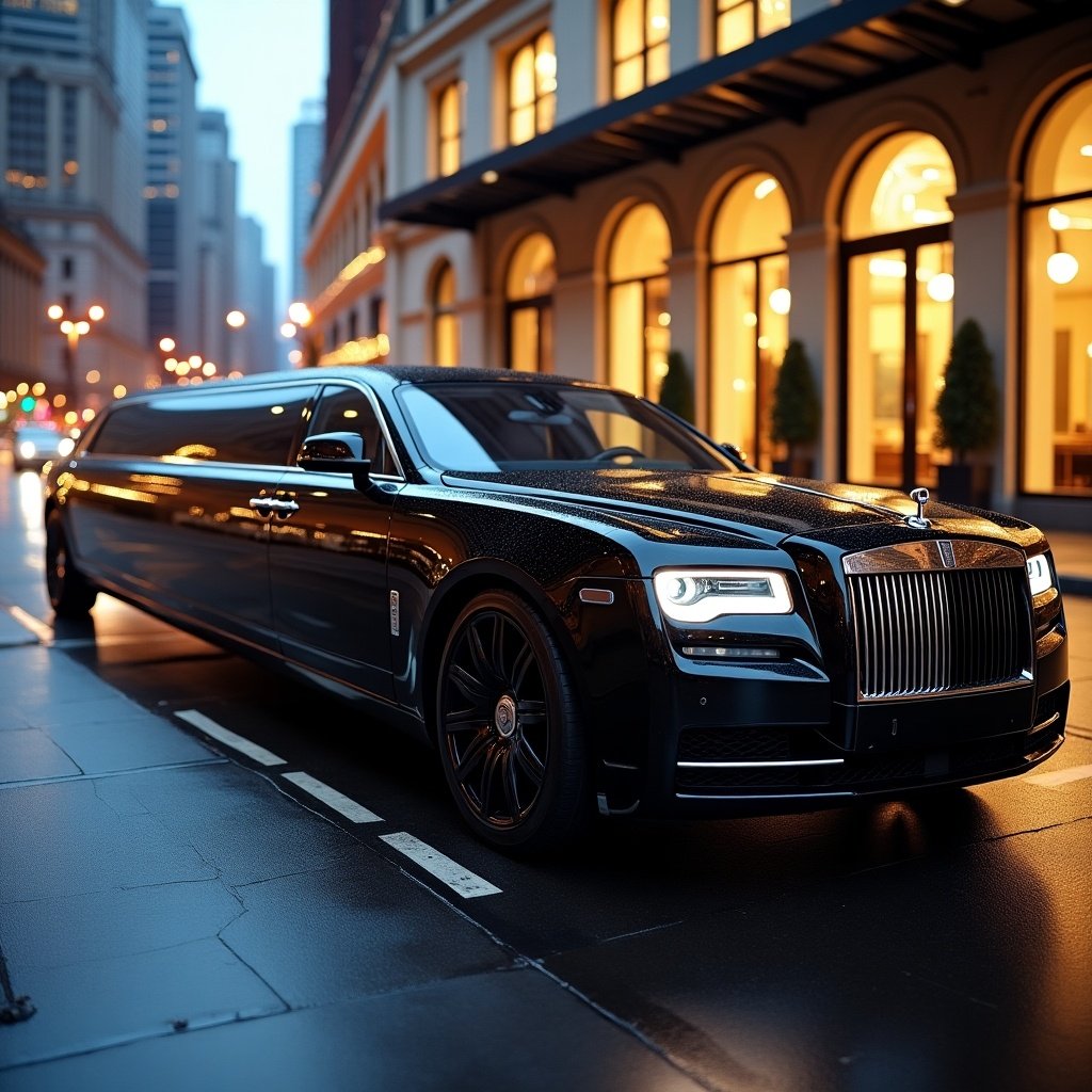 A luxurious black limousine parked in a modern city setting. The vehicle features a glossy exterior with LED lights reflecting on the wet pavement. Background includes buildings with warm, inviting lights. Nighttime ambiance enhances the elegance of the scene.