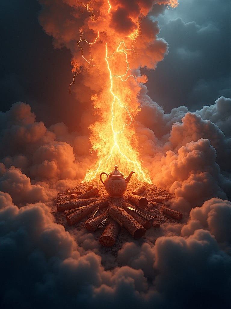 Image depicts a cosmic scene filled with swirling clouds and fiery highlights. Center glows with orange and red resembling celestial event. Dark blue and gray clouds surround fiery core, adding depth. Lighting creates movement as clouds swirl. Center contains clockwork, cutlery, hourglasses, and tea service struck by lightning. Abstract representation captures beauty of cosmic phenomena. Fire burns brightly with flames dancing upward, logs arranged at base. Dark background enhances vivid flames.