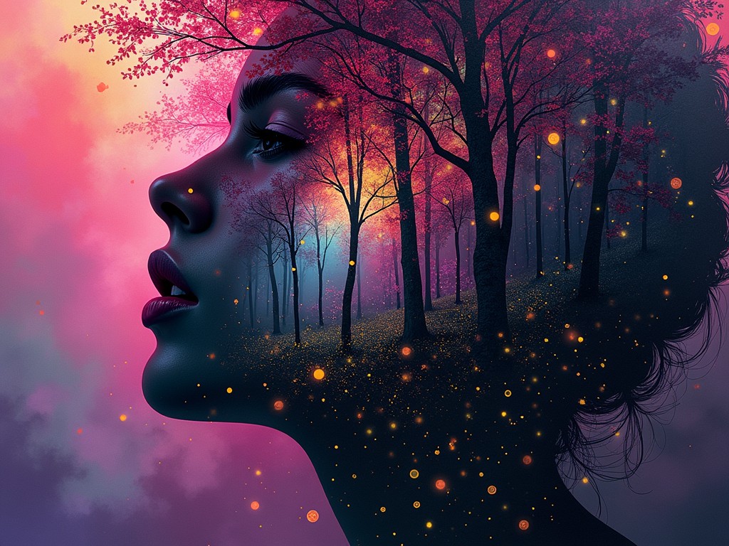 The image beautifully blends the silhouette of a woman's profile with an ethereal forest scene. The woman's face is intertwined with trees and vibrant foliage, illuminated by surreal pinks and purples. Glowing orbs float throughout, creating a mystical, dreamlike ambiance.