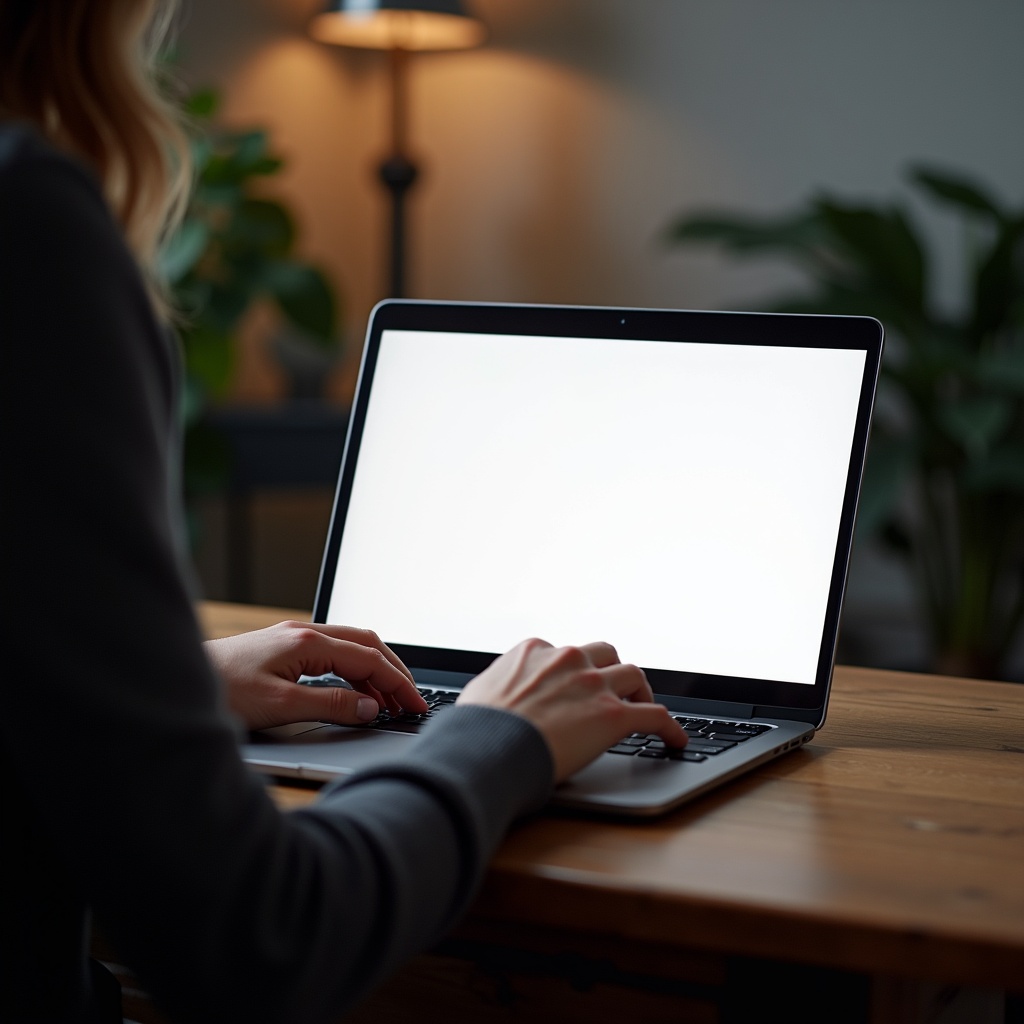 Woman using laptop on wooden table. Laptop screen is blank. Background features a soft light. Hands are positioned on the keyboard. Plant is visible in the background.