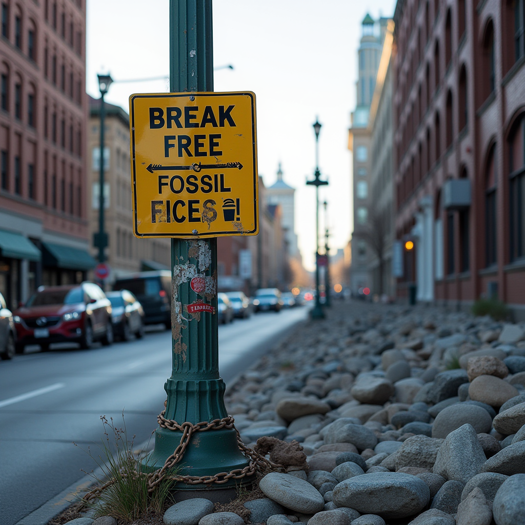 A street sign advocates breaking free from fossil fuels in an urban setting.