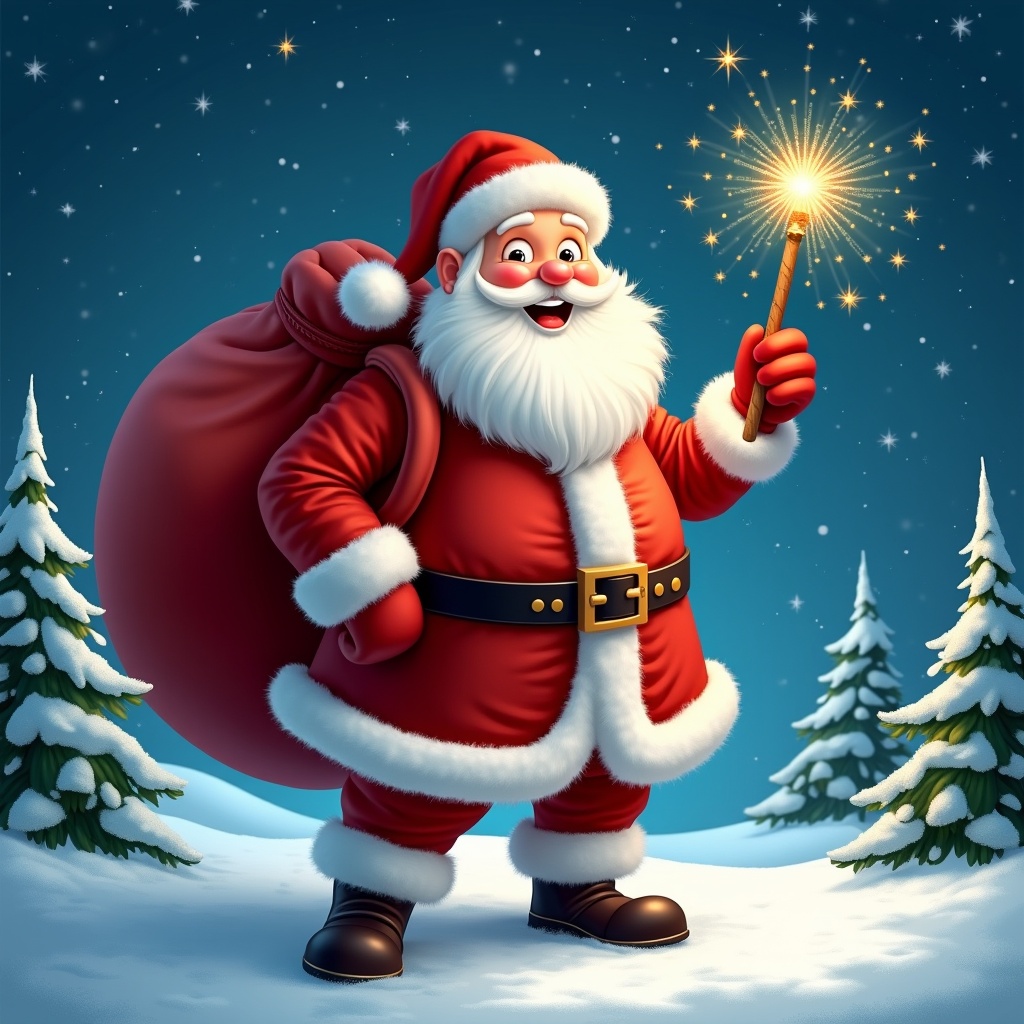 The image features a cheerful Santa Claus standing in a snowy landscape. He has a large red sack slung over his shoulder and is holding a sparkly wand. Santa is dressed in his traditional red and white outfit, complete with a belt and boots. Behind him, the night sky is illuminated with twinkling stars. Pine trees dot the snowy ground, encapsulating a festive winter atmosphere.