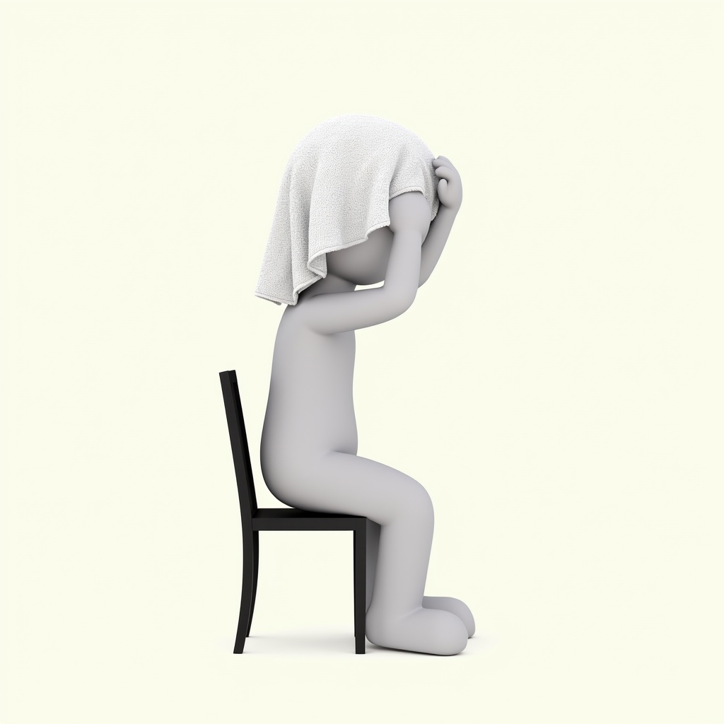 Stick figure seated on chair holding towel on head. The figure appears relaxed while practicing stress relief techniques. The background is neutral. The focus is on simplicity and relaxation.