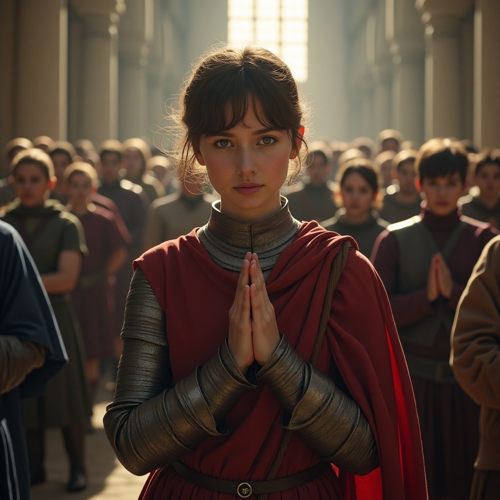 Image of a young warrior in a church setting. She has short hair, appears contemplative, and is positioned in the center of the scene. Her posture reflects prayer. The atmosphere is hyper-realistic with dramatic lighting and a crowd in the background.