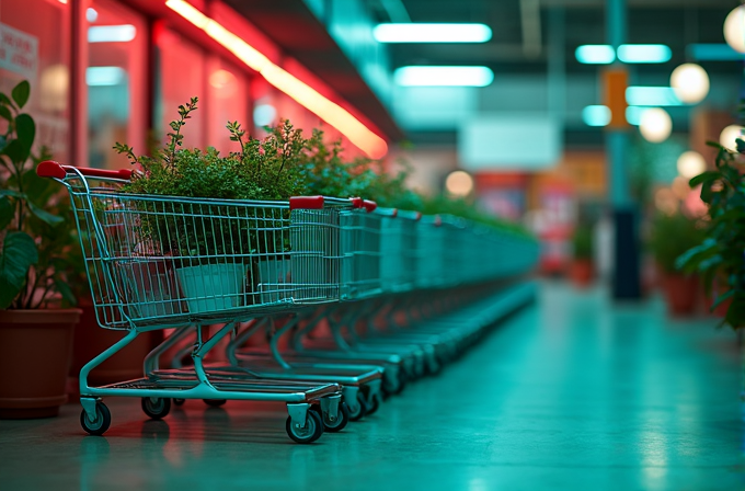 A row of shopping carts filled with potted plants, illuminated by contrasting red and blue neon lights in a modern shopping space.