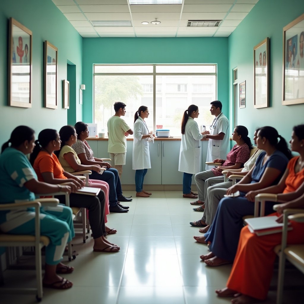 Image depicts an Indian healthcare center. Patients wait in a well-lit waiting area. Two doctors in discussion. The environment is calm and professional. Various patients of diverse backgrounds are seated. The walls have framed photographs.