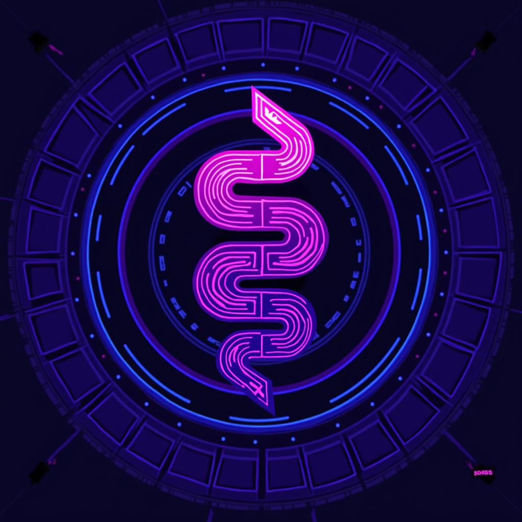 A glowing pink, circuit-like snake design on a dark, blue-toned, circular technological background.