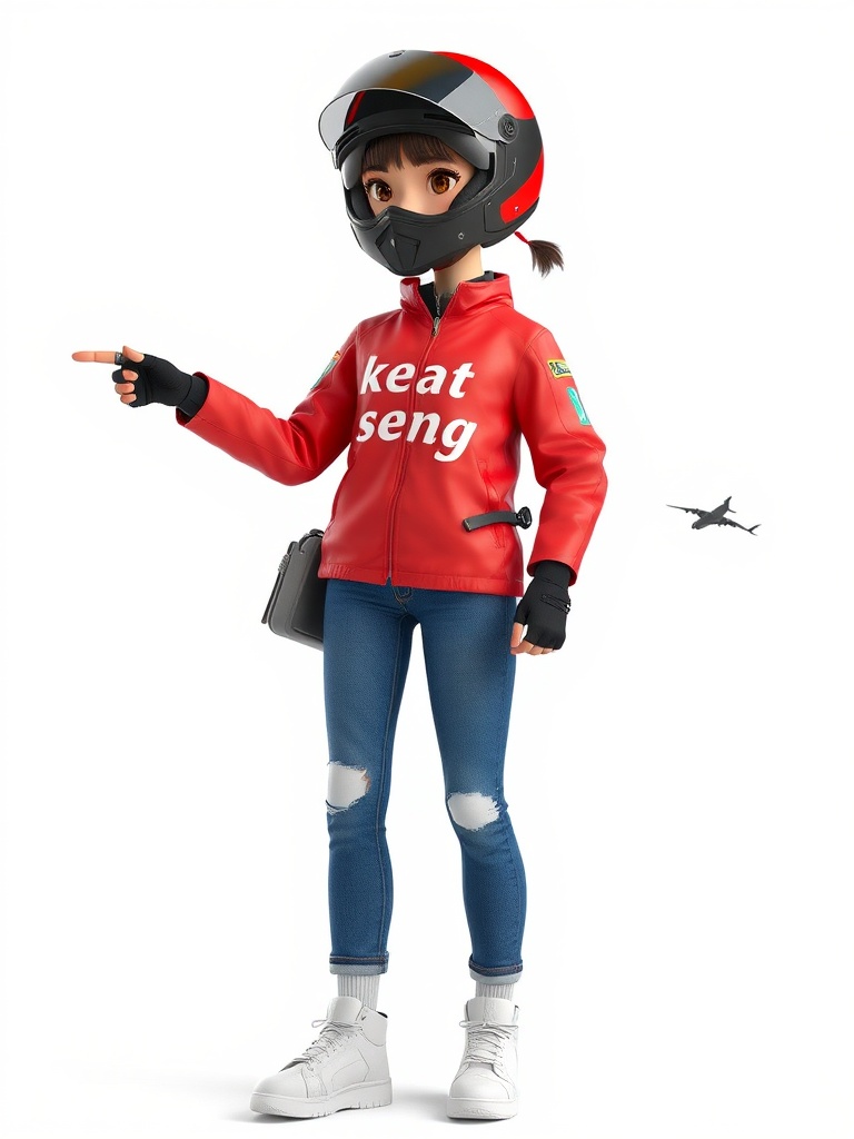 A 3D animated character in a red jacket and helmet, pointing with a small airplane in the background.