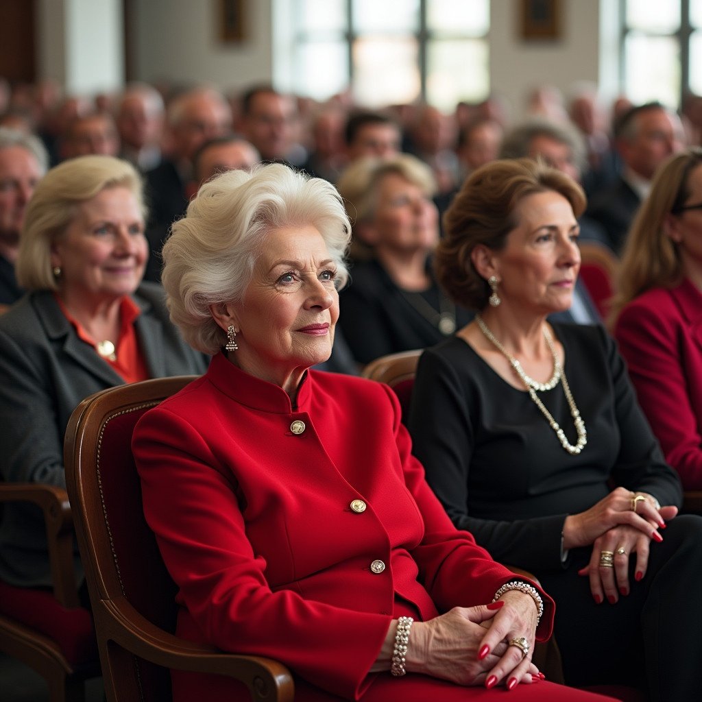 A crowded free church interior. A modern church building. Many elegant women in their 50s and 60s. Ladies have long slender fingers and long elegant red nails. They are dressed in a very elegant manner. The style resembles Jackie Kennedy. They are wearing high heels. The image captures a couple of rows of chairs with visitors facing the camera.