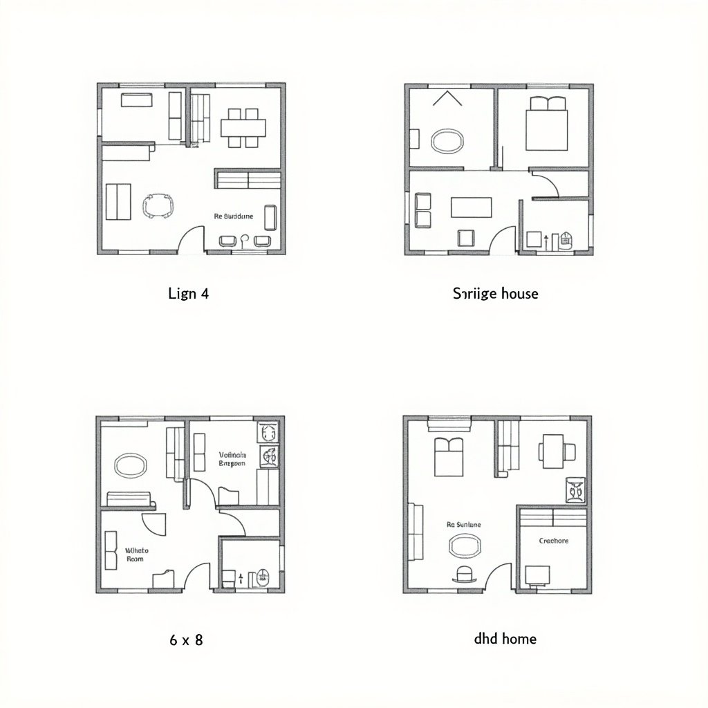 Four different house layouts displayed as illustrations. Each layout has a size of 6 x 8 squares. Layouts labeled Lign 4, Srijge house, 6 x 8, and dhd home. Each layout shows unique room and furniture arrangements.