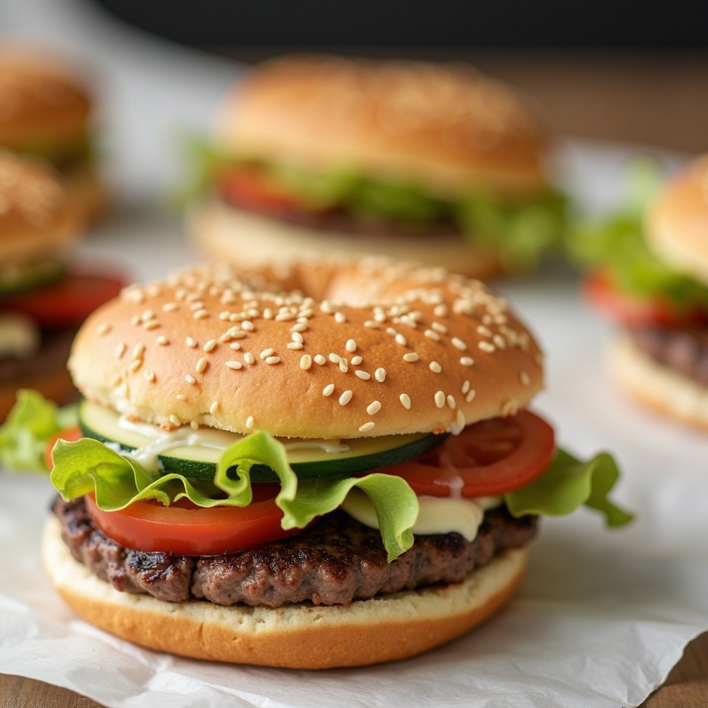 Hamburger bun top part flipped on a table. Hamburger has lettuce, tomato and cucumber on it. Ready for dressing.