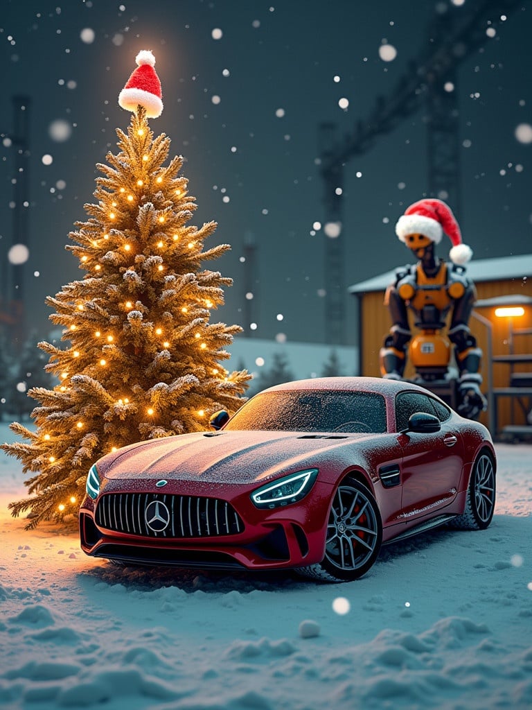 Realistic festive scene of a sleek car parked in snow. Surrounded by a uniquely designed Christmas tree made of automotive parts. Background features a robotic welding station wearing a Santa hat. Cozy holiday atmosphere with falling snowflakes and warm lights. Metal elements highlight the automotive theme.