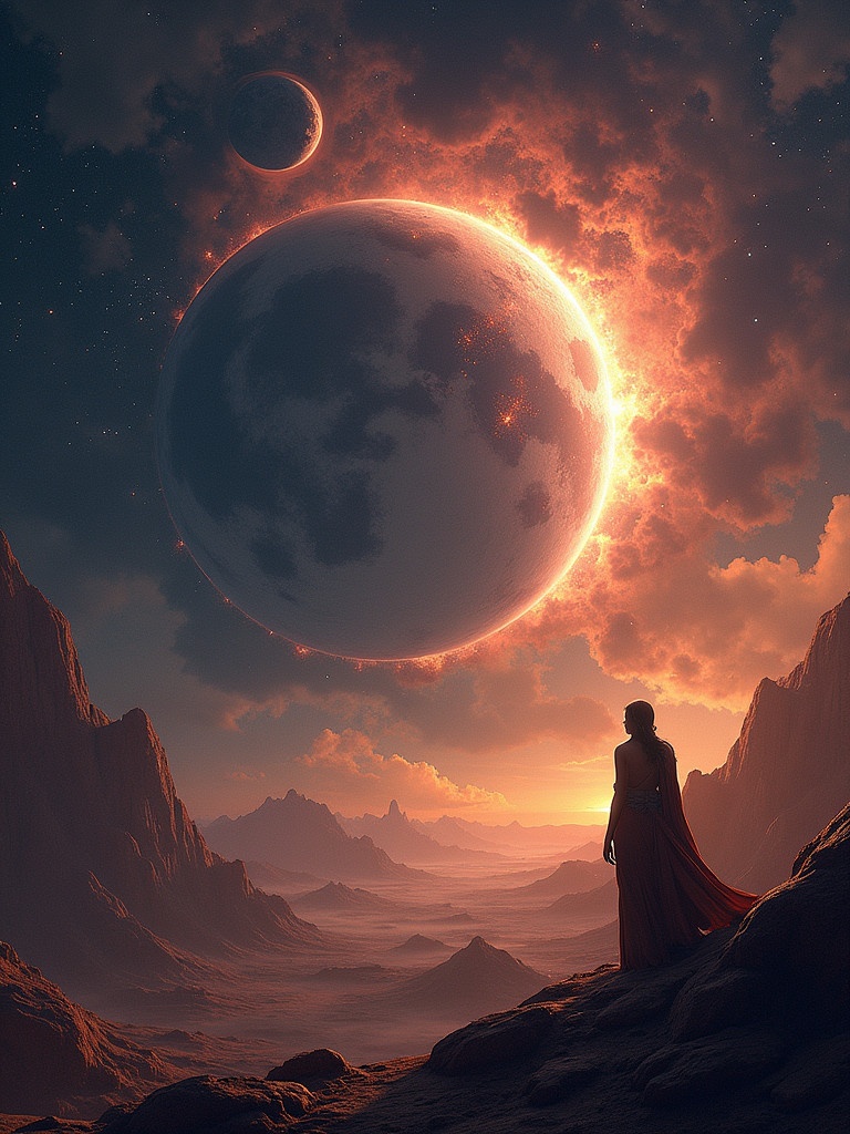 Generate an image of deep space. A woman stands on rocky terrain gazing at a large planet and moons. The scene is illuminated by a fiery glow. The atmosphere is mystical and expansive.