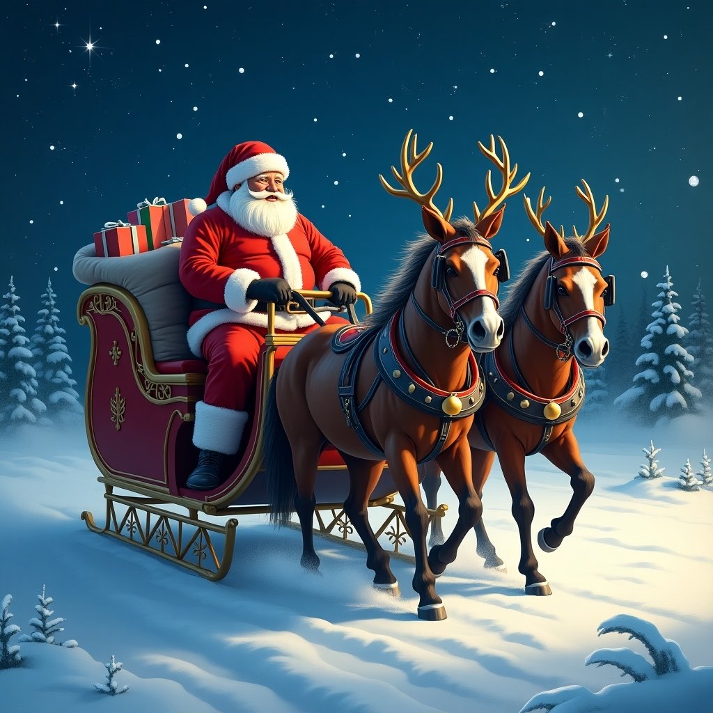 Santa drives a sleigh pulled by two horses in a snowy landscape. Presents are in the sleigh. The scene is set at night with stars in the sky.