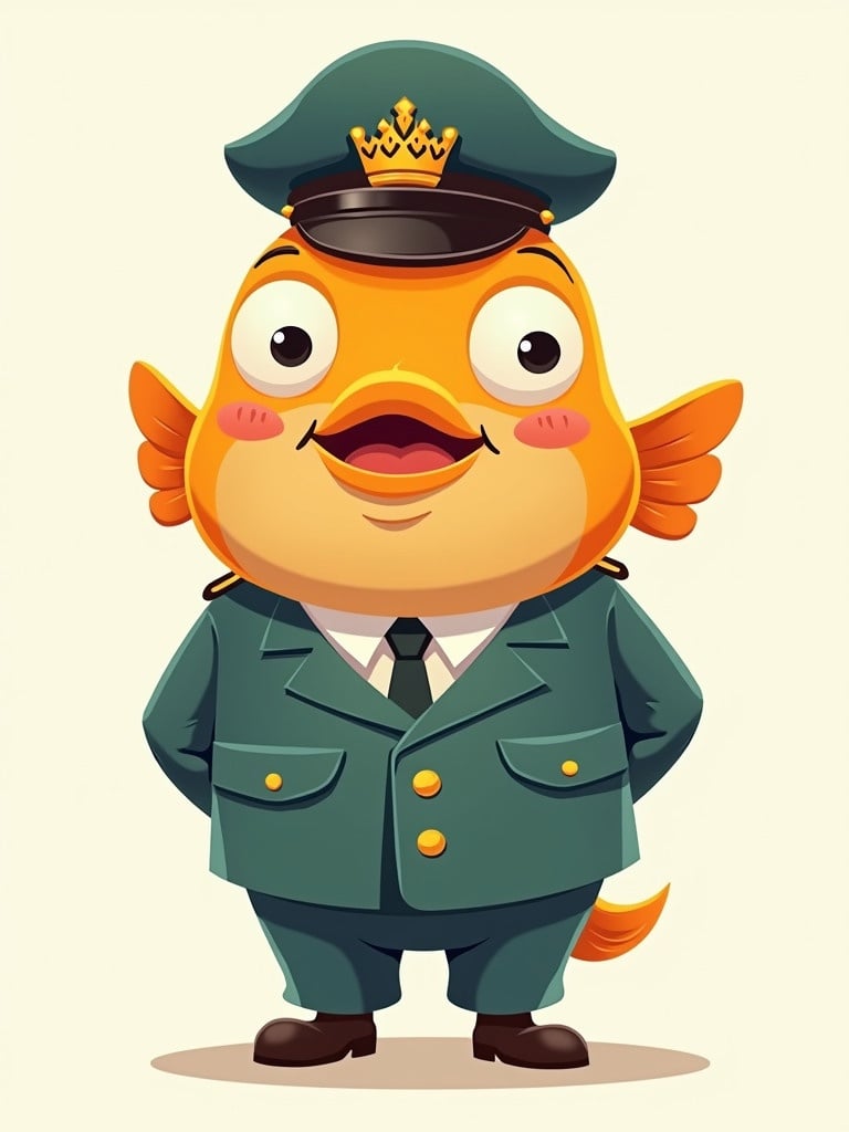 Cartoon character design of a large male fish. Fish wears military uniform and looks dopey. Character stands relaxed with hands behind back. Bright colors and playful design elements are present. Suitable for children.