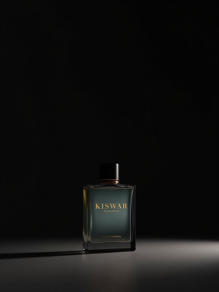 A perfume bottle named KISWAR stands against a dark background. The design is sleek with a black lid. Gold lettering is on the bottle. Soft lighting highlights the contours. Shadows create a luxurious appeal.