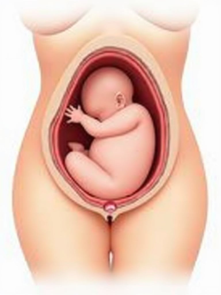 Illustration depicts vaginal birth in sagittal section view. Focuses on pelvic floor and vaginal musculature during birth process. Anatomically accurate representation highlighting baby passing through birth canal. Clean and neutral color scheme for professional tone. Showcases biomechanics and response of structures around pelvic region.