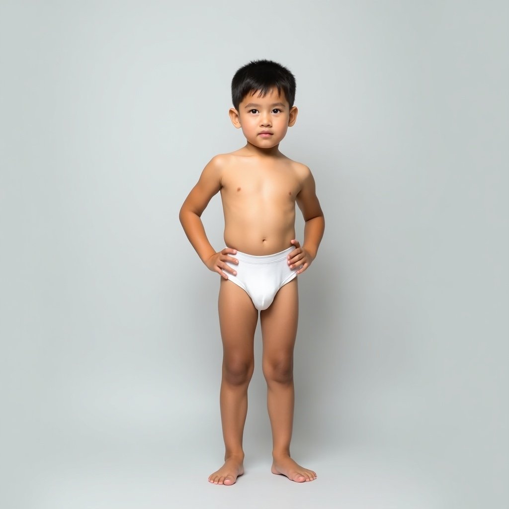 Image features a young boy standing upright. He wears white underwear and is barefoot. Background is light gray. Soft lighting creates calmness. Boy's pose suggests arrogance and dominance. This is a minimalistic style.