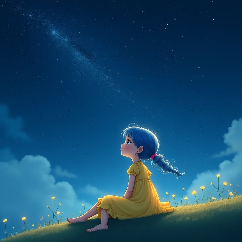 A young girl with blue hair and eyes is sitting on a hill looking at the stars. She is wearing a yellow dress and a big puffy diaper and is surrounded by a serene night sky.