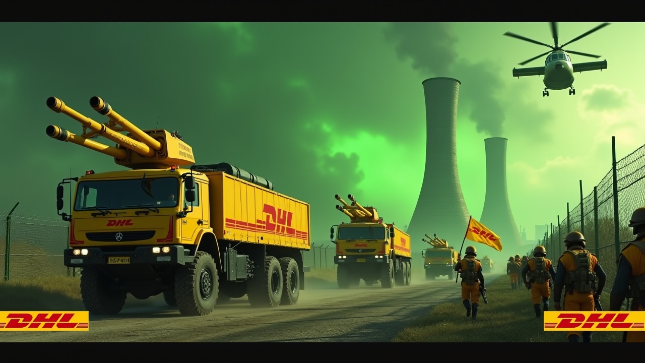 In a dramatic scene, several large yellow armoured trucks drive towards a fence. These trucks have double barrel roof-mounted cannons and display the DHL logo prominently. Nearby, soldiers in yellow uniforms march in unison, with one carrying a large DHL flag. The background features glowing green smokestacks from a nuclear power plant. Above, a yellow Chinook CH-47 helicopter adds intensity to the event. The sky is a sinister green hue, enhancing the overall dramatic effect. The DHL logo is displayed boldly at the bottom.