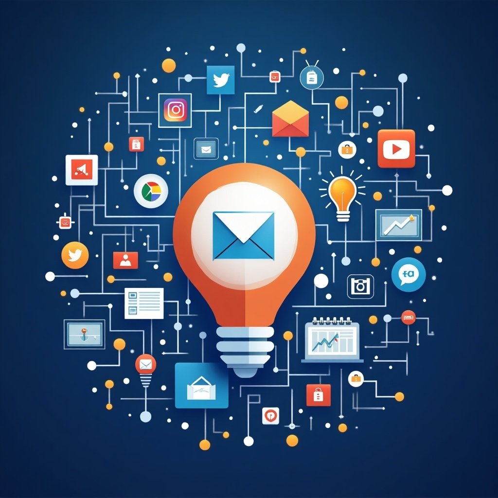 Infographic representation of digital marketing concepts. Light bulb symbolizes ideas and innovation. Surrounding icons depict social media, email, and analytical tools. Emphasis on modern strategies for brand growth and engagement.