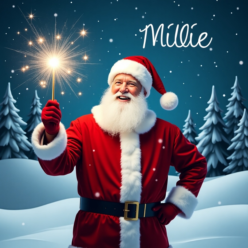 A jolly Santa Claus stands in a snowy landscape. He holds a magical wand that shines with sparkles. Wearing a red suit with white fur trim and a matching hat. His eyes twinkle with joy as he appears to write names in the sky. Background features snow, evergreen trees, and a starry night sky. The atmosphere is festive and magical with the name Millie visible in the sky.