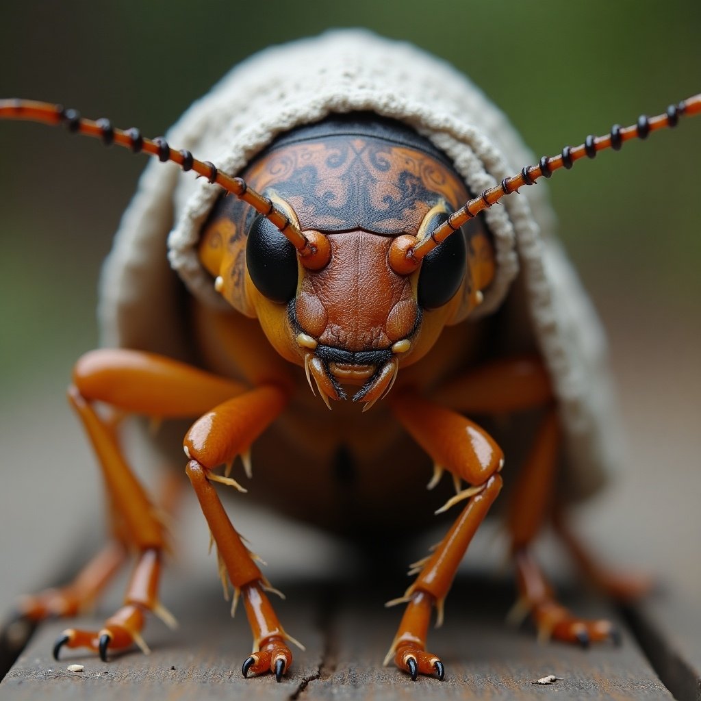 A cockroach has a decorative hijab. The bug appears animated and vibrant. The design on the head is intricate and captivating. The setting is natural with soft lighting.