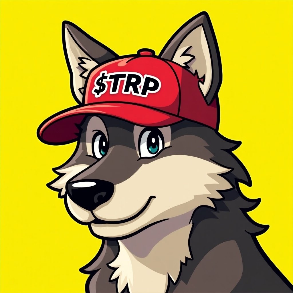 Wolf character graphic wearing a red cap with $TRP text. Bright yellow background adds vibrancy. Focus on wolf's friendly expression and trendy style.