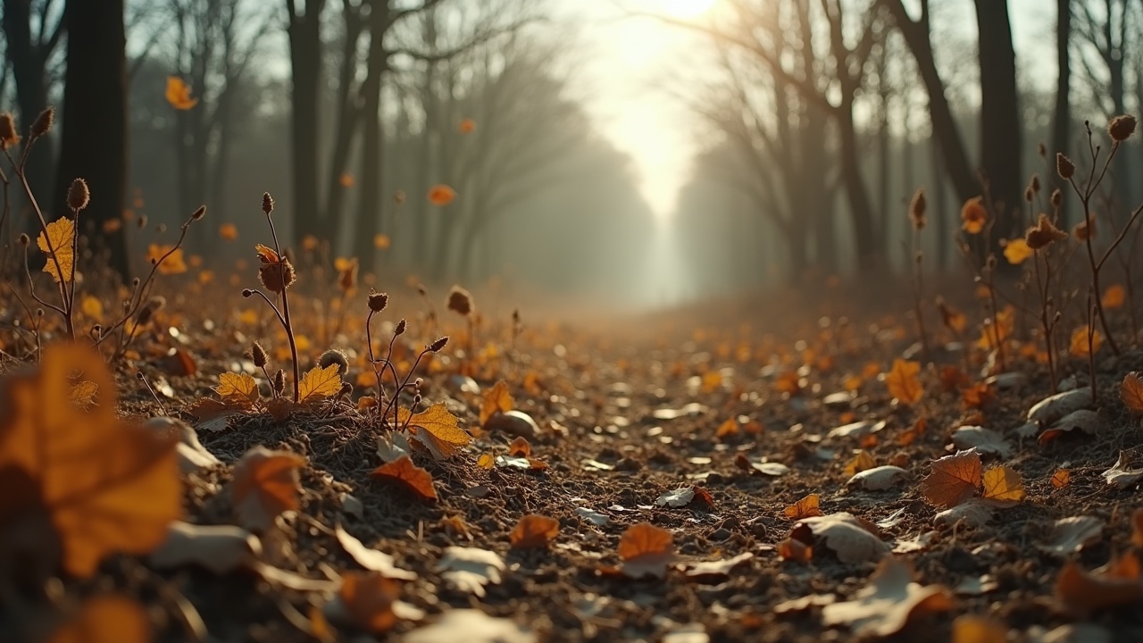 The image captures a serene autumn scene, where a winding path is surrounded by trees that shed their leaves. The ground is covered with a mix of withered grass and fallen leaves, creating a beautiful carpet of colors. Soft rays of natural light filter through the trees, casting a warm glow on the landscape. In the distance, a faint haze suggests the transition of the earth into a quieter, more dormant period of the year. This setting evokes a sense of calm and nostalgia, making it a perfect representation of autumn's beauty.