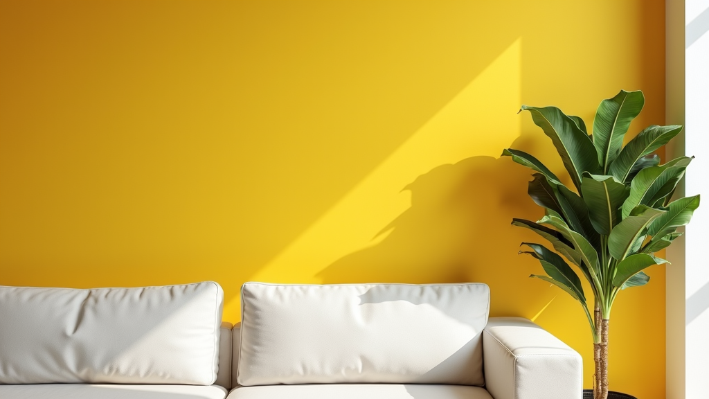 A white sofa sits against a bright yellow wall with a lush green plant beside it.