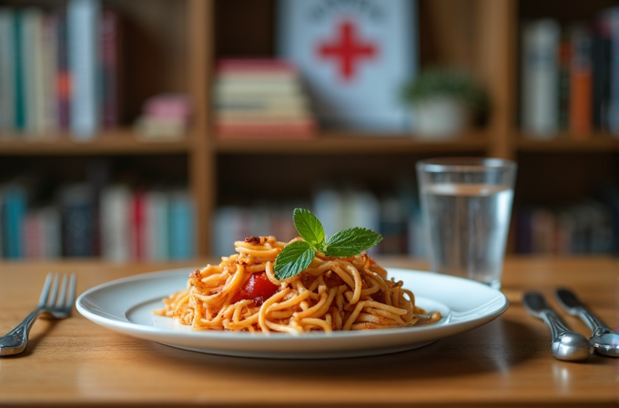 A neatly plated serving of spaghetti garnished with a sprig of mint on a wooden table, accompanied by a glass of water and set against a bookshelf backdrop.