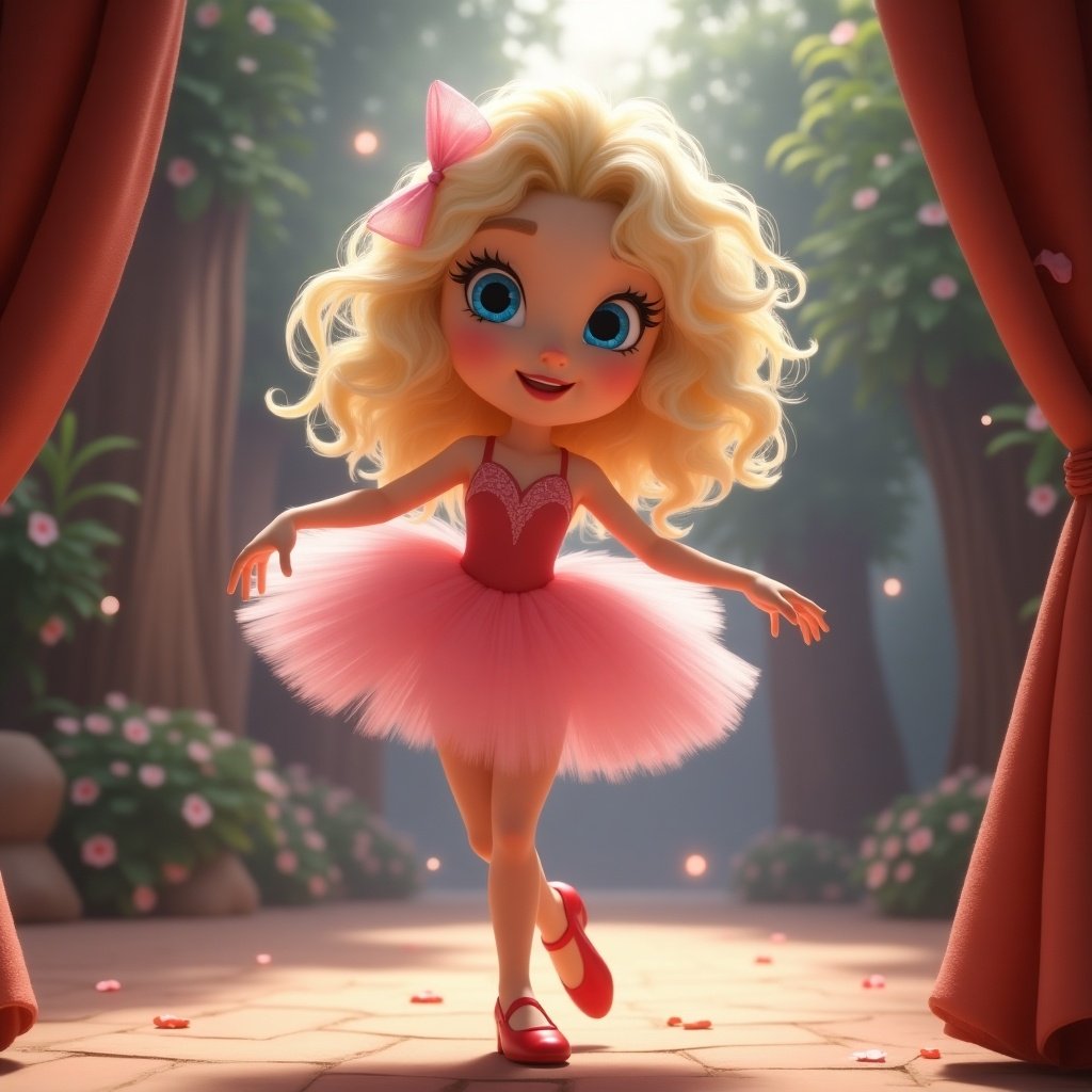 Character from animated film with platinum blonde curly hair and bright blue eyes. Wearing red ballet slippers and a pink tutu. Scene set in a vibrant natural background.