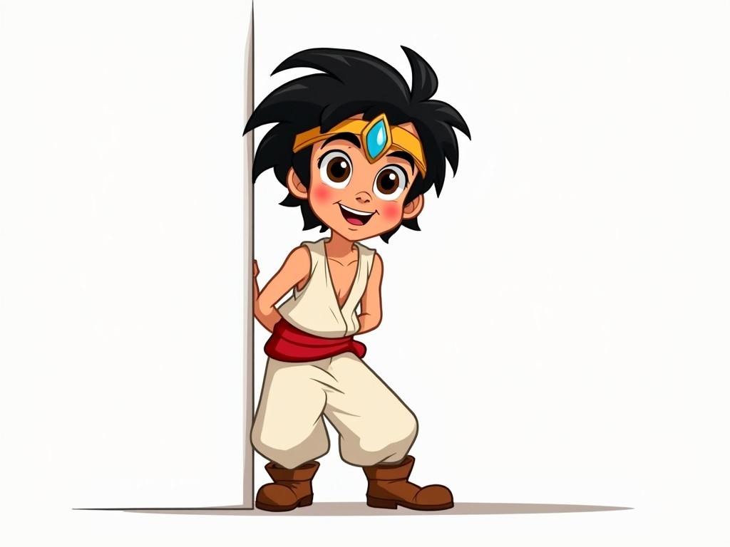 This image showcases a flat vector illustration of a character inspired by classic tales. The character, reminiscent of Aladdin, is depicted in a playful Peeker Design pose. He has a charming smile, bright eyes, and messy hair. His outfit features a sleeveless vest, loose pants, and a red sash. The solid white background emphasizes his lively personality and adventurous spirit.