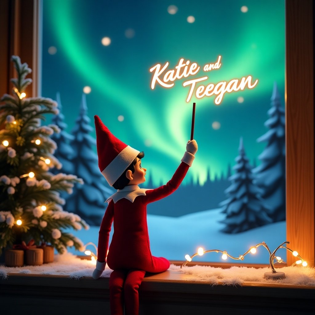 An enchanting Christmas scene captures the essence of the holiday season. In this whimsical setup, an elf on the shelf dressed in traditional red and white attire is seen from the back. The elf holds a magic wand, using it to write the names 'Katie and Teegan' in sparkling letters against a backdrop of vibrant northern lights. The window view reveals a serene snowy landscape, adding to the festive atmosphere. Soft lights adorn the nearby Christmas tree, creating a warm and inviting ambiance. The entire scene evokes feelings of wonder and joy, embodying the magic of Christmas celebrations.