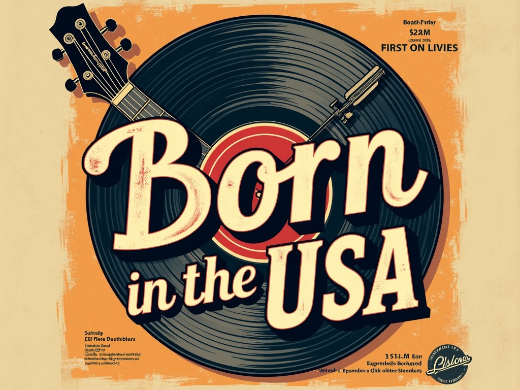 This retro-styled illustration features a large vinyl record at its core, with a guitar neck integrated into the image, adding a musical theme. The typography prominently displays 'Born in the USA' in bold letters with a vintage flair. The background has a rustic, worn texture, enhancing the nostalgic vibe of the design.