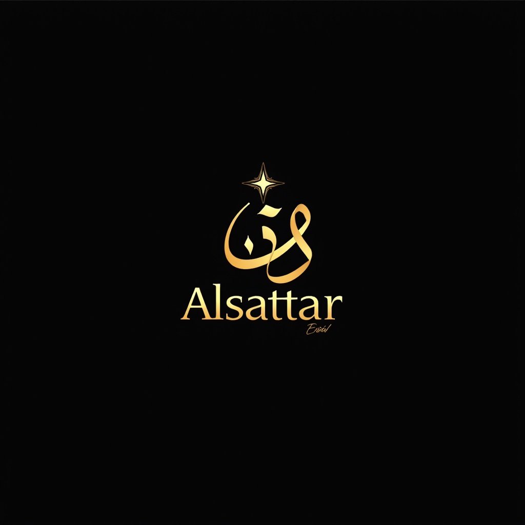 Create an elegant and luxurious logo for the brand name 'الستار' (Alsattar) in Arabic calligraphy. The design should feature gold calligraphic lettering with a modern and flowing style, symbolizing sophistication and heritage. Incorporate a crescent moon or star subtly into the design to reflect cultural significance. Use a deep black or white background to enhance the luxurious feel. The logo should evoke trust, tradition, and premium quality, suitable for a brand offering perfumes, health products, and natural goods.