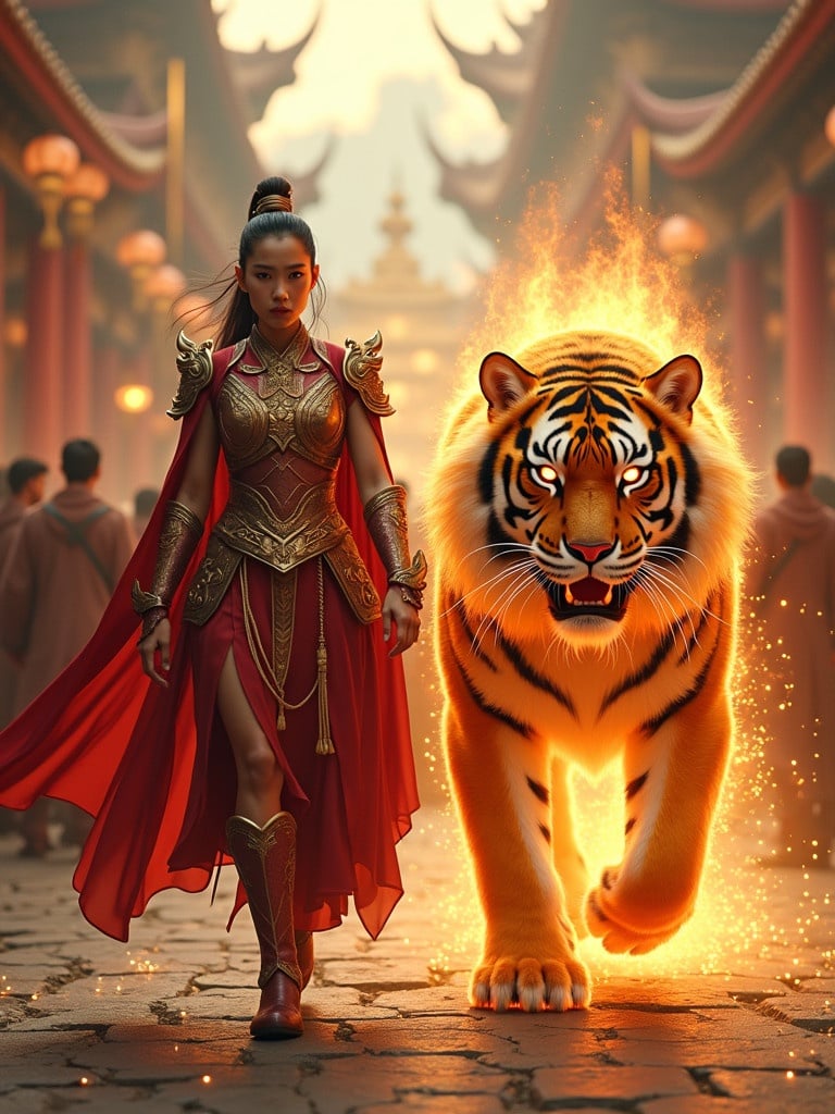 Asian warrior woman in ornate armor strides confidently. Majestic fire elemental tiger walks beside. Flowing red cape sways with motion. Expression shows determination. Tiger has mane of flames and glowing eyes. Background features ancient cityscape with soft golden light and awe-struck crowd. Atmosphere is dramatic and mystical.