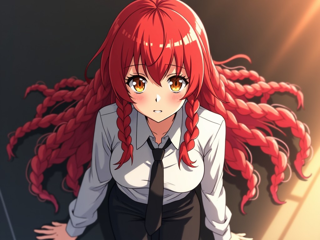 This image showcases a striking character from an anime series, depicted with vibrant red hair styled in long braids and bangs. Her captivating golden eyes stand out against her white shirt, complemented by a black necktie and black pants. The lighting is soft, allowing for a diffusion effect that enhances her features. The character's expression is a blend of innocence and determination. This artwork embodies a unique anime style, capturing the essence of its genre beautifully.