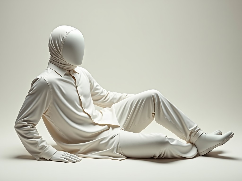 A minimalistic sculpture of a faceless human figure dressed in white, seated in a relaxed pose on a plain background.