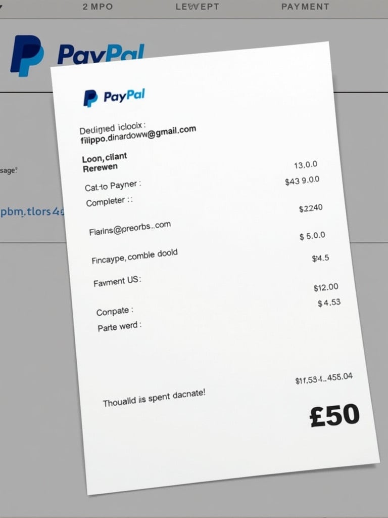 Document shows proof of payment from PayPal. Payment directed to an email. Receipt has recognizable PayPal design. Layout emphasizes clarity with bold text and simplified background. Completed transaction of £50.