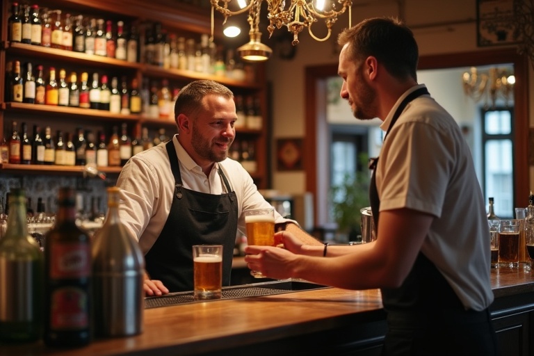 Bartender standing behind the counter pouring a beer. Environment is warm and inviting with a German vibe. Wooden bar with drinks displayed on the shelf.