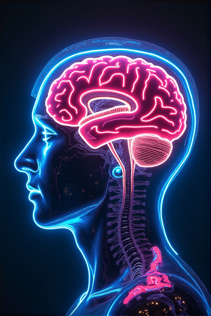 A vivid neon illustration of a side profile displaying the human brain and spinal cord with glowing pink and blue accents.