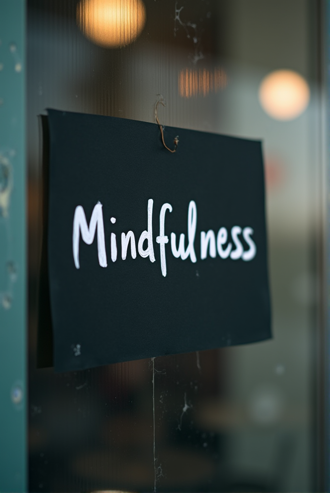 A close-up of a black poster with the word 'Mindfulness' written in white brush script, hanging on a glass surface with blurred lights in the background.