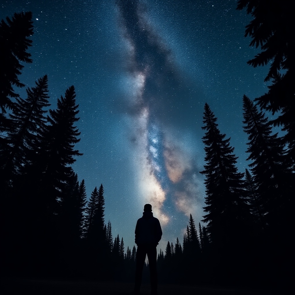 A person stands alone in a dark forest, surrounded by towering trees. Above them, the night sky is filled with bright stars, creating a breathtaking view of the Milky Way. The contrast between the dark silhouettes of the trees and the brilliant stars evokes a sense of wonder. This tranquil scene captures the beauty of nature and the vastness of the universe. It's an ideal moment for reflection and appreciation of the cosmos.