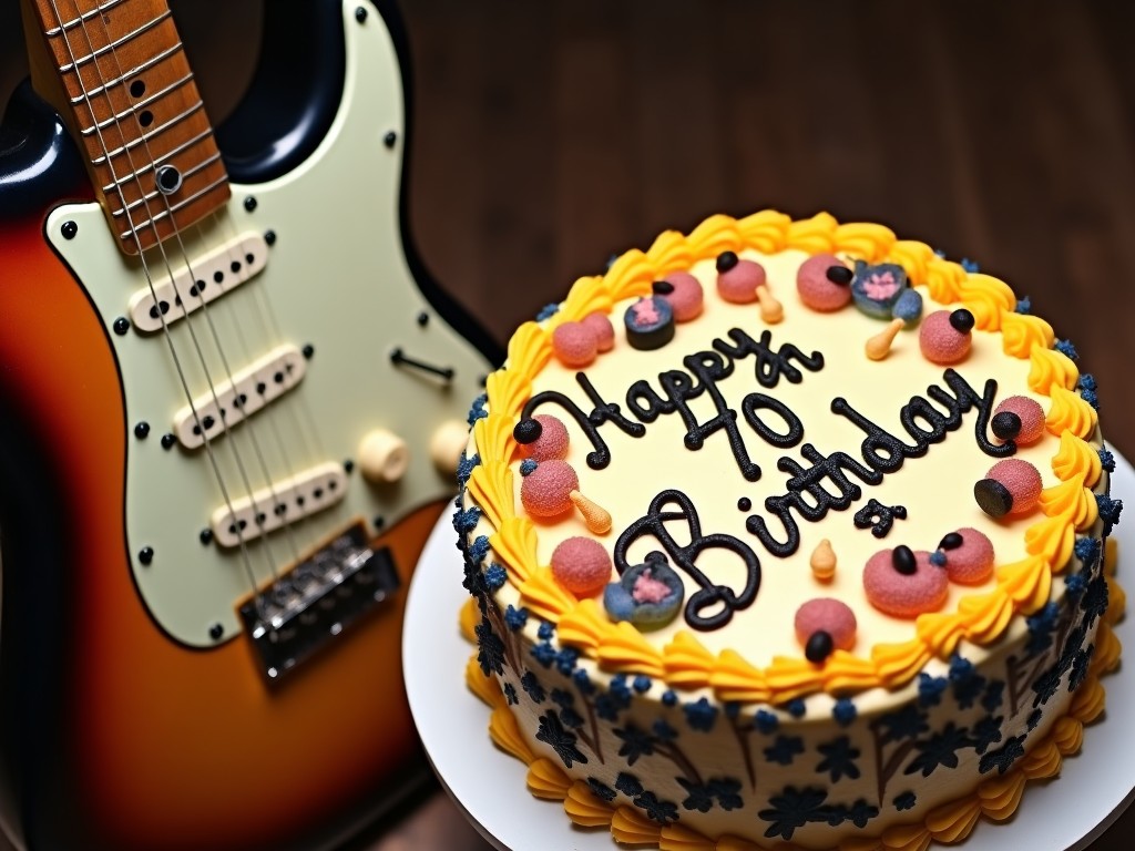 a festive birthday scene featuring an electric guitar and a birthday cake with 'Happy 70th Birthday' written on it, in vibrant colors and musical theme