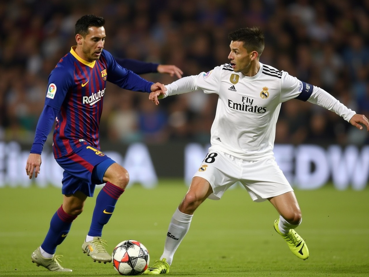 The image captures an intense moment during a La Liga match between Barcelona and Real Madrid. Lionel Messi, in a blue and red Barcelona kit, is seen trying to dribble past a defending player. The defender, dressed in white, is from Real Madrid, showcasing the classic rivalry. The stadium is filled with fans cheering in the background, emphasizing the high stakes of the match. The atmosphere is charged with excitement, highlighting the skill and competitiveness of these two football legends.